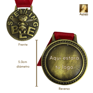 Medalla Spelling Bee en terminado oro antiguo de 5cm de diámetro
