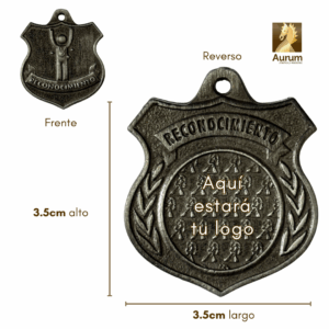 medalla de premiación de Reconocimiento para alumnos en estilo plata antigua con logo personalizable al reverso para una escuela